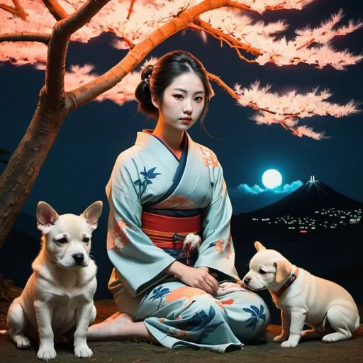Prompt: Create a ukiyo-e image of a beautiful young girl sitting under a tree with a beautiful puppies studio lightning , neon avatar