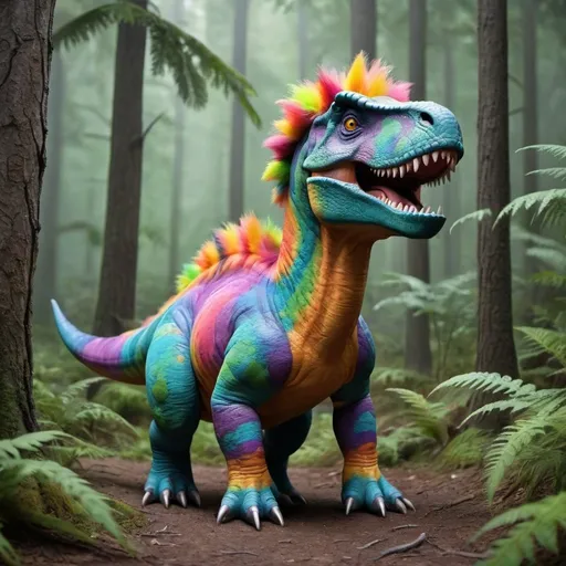 Prompt: A dinosaur with colorful, fluffy fur in the forest