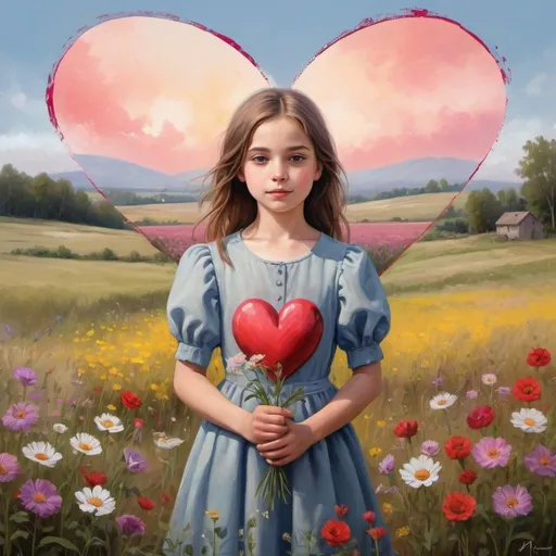 Prompt: a painting of a girl in a field with flowers and a heart shaped painting on the wall behind her, artist, metaphysical painting, professional digital painting, a fine art painting