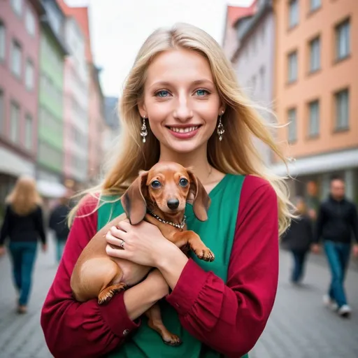 Prompt: Prompt:
Create a close-up of an adorable beautiful German supermodel with long flowing blonde hair, green eyes, arched brows, long eyelashes, plump, shiny reddish lips, reddish fingernails. She smiles and shows her ugly, broken teeth. Her clothing is a reddish shirt with black pants. She has tiny diamonds in her ears, a necklace with tiny diamonds, she is carrying a cute little dachshund puppy and is walking through a Frankfurt city street.