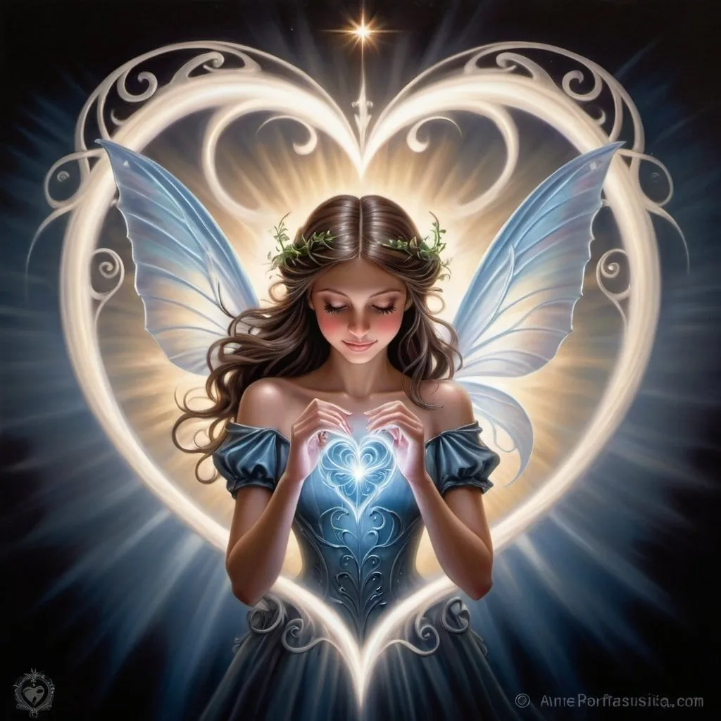 Prompt: a heart shaped with a fairy on it's wings and swirls of light in the middle of it, Anne Stokes, fantasy art, fantasy artwork, an airbrush painting