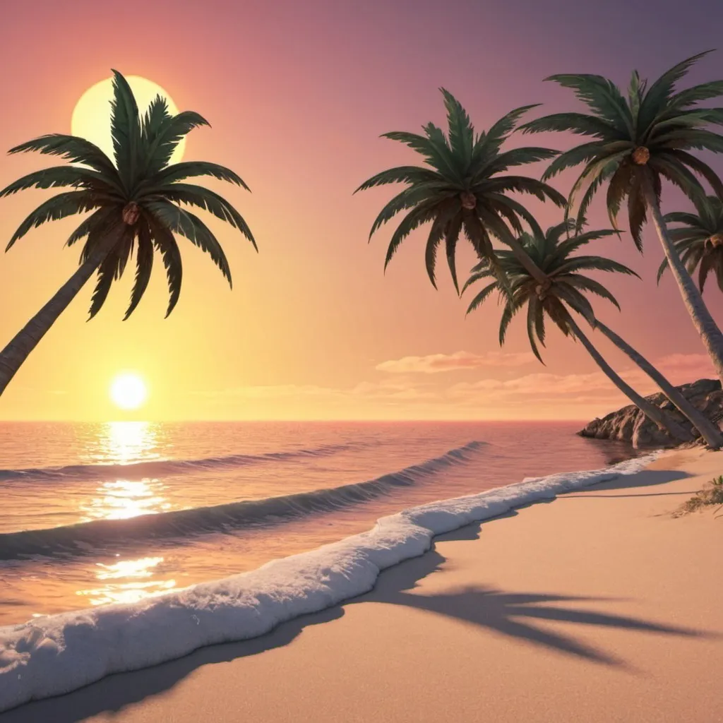 Prompt: Create a 3D digital art of a beach with palm trees and the sun setting in the background