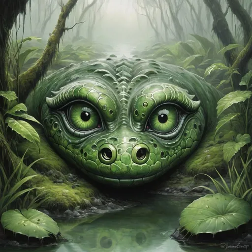 Prompt: Prompt: Taniwha Slimy greenstone eyes. Misty swamp background