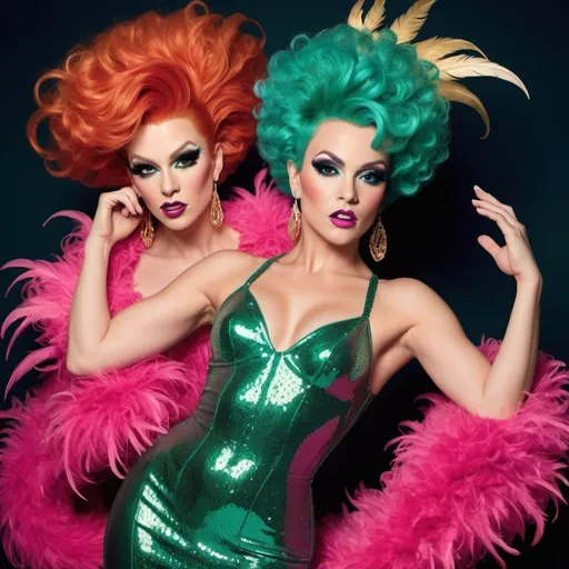 Prompt: Digital airbrush, A group of drag queens in a flamboyant pose, mid-vogue. One, statuesque with flowing emerald green hair, strikes a dramatic pose in a sequined mermaid gown. Another, petite and energetic with fiery red hair in a pixie cut, twirls in a hot pink miniskirt and a bedazzled denim jacket. A third, with shaved blonde hair and a fierce expression, dominates the center in a shimmering gold bodysuit and a flowing feather boa.
