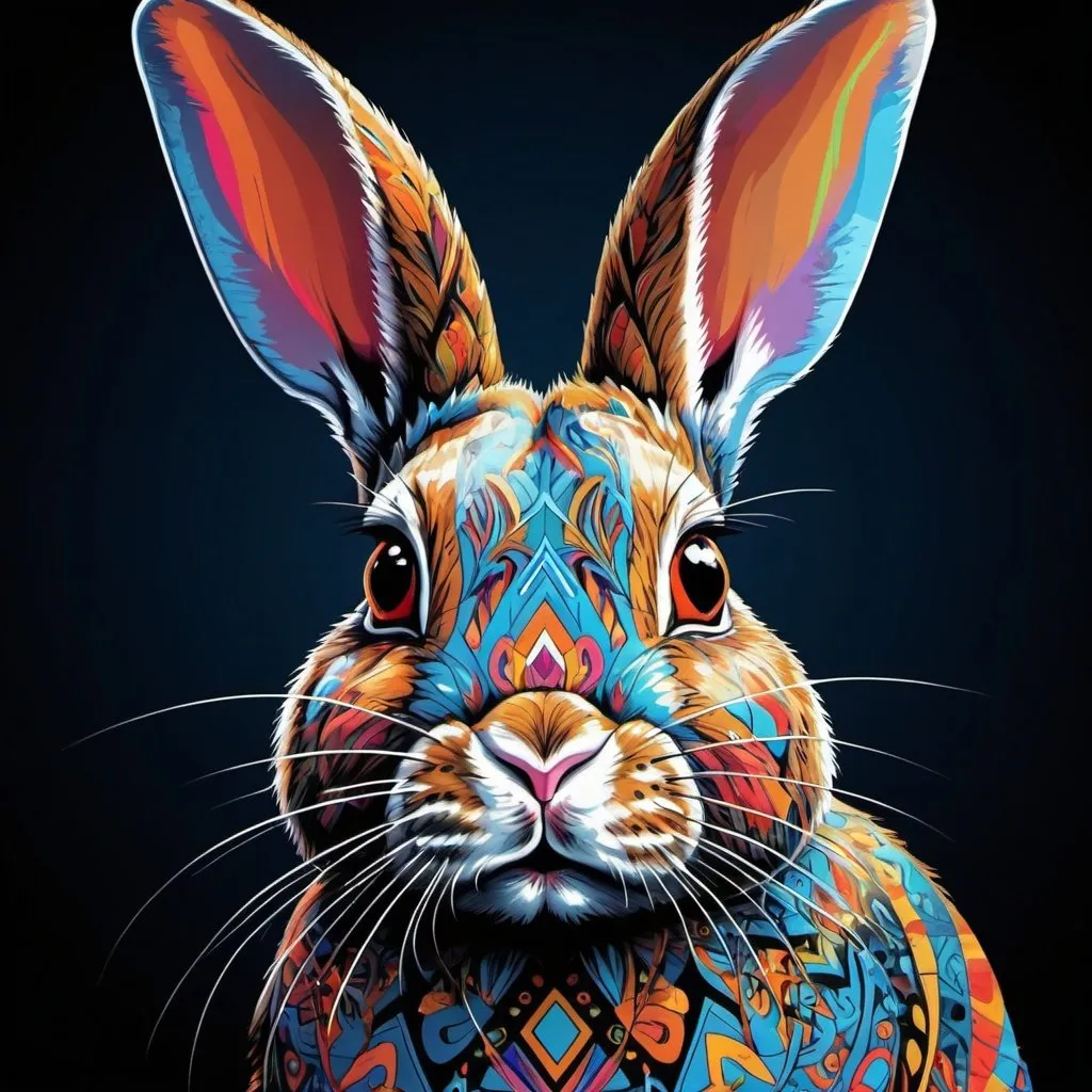 Prompt: a colorful rabbit with a black background and a blue background with a bright pattern on it's face, artist, computer art, highly detailed digital art, computer graphics