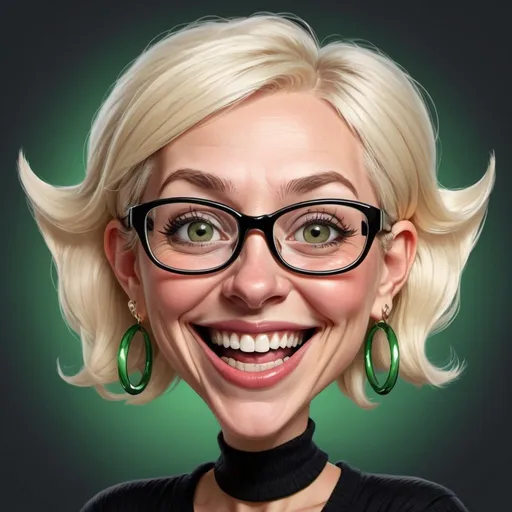 Prompt: Very funny caricature version with exaggerated features of a woman with short white/blonde hair, giant brown/green eyes,  giant ears, a comically large mouth, oversized glasses and a goofy smile..wearing a black top with shiny design, big hoop earrings, and a magical or festive feel with humorous elements and laugh lines around the mouth,