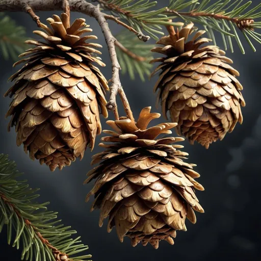 Prompt: Three expressive pinecones with detailed 3D faces - one surprised, one scared, and one determined - cling precariously to a windswept pine branch. The wind howls through the needles, bending the branch dramatically. Golden sunlight filters through the storm clouds, casting dramatic shadows on the pinecones and highlighting their unique expressions, detailed, realistic, hd