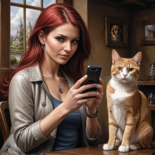 Prompt: a woman taking a picture of a dog and cat with a cell phone in her hand and a cat on the other side of the picture, Anne Stokes, fantastic realism, highly detailed digital painting, a photorealistic painting
