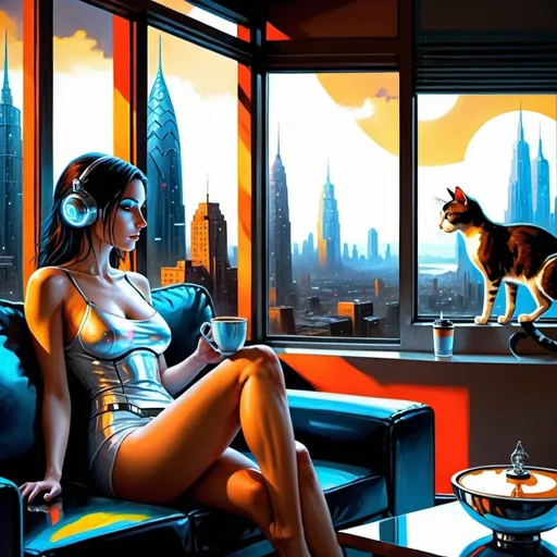 Prompt: a painting of a woman sitting on a couch with a cat and a cup of coffee in front of a window, Anne Stokes, computer art, highly detailed digital painting, cyberpunk art, it's a rainy day outside the window, the dog it's a robotic companion, the woman's clothing it's futuristic,the window view to a futuristic cityscape, with neon signs outside the window