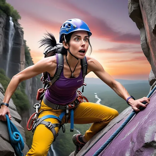 Prompt: A hyperrealistic 8K image of a beautiful woman whit long straight black hair and grey eyes, rock climbing, with well-defined and tense muscles, showing tension in her facial expression with gritted teeth as she climbs, equipped with safety gear, and making their way up a steep cliff. The climber should be wearing a purple helmet and harness, dressed in yellow and purple clothing, and holding onto a grey rocky surface. Include a red safety rope attached to the climber’s harness against a vibrant and dramatic sunset background to highlight the climber. Add tiny details like sweat on the climber's forehead, and show the strain in their neck and jaw muscles. Include silhouettes of distant mountains or trees with some birds flying near them, a small waterfall in the distance, and a few birds flying near the waterfall.