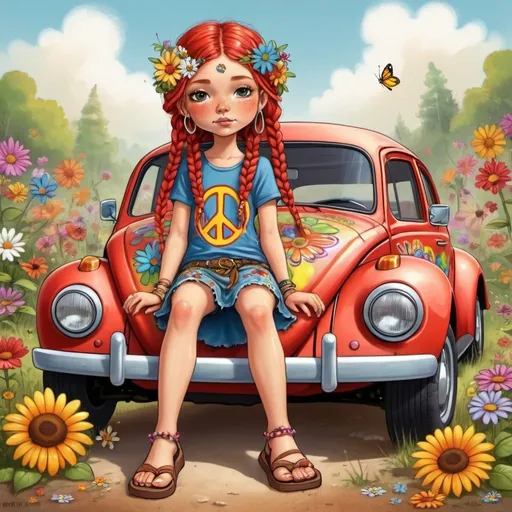 Prompt: whimsical cartoon a little hippie girl with red braided hair with flowers in it and hippie cloths on and hippie sandals. she is leaned up against a beetle bug car with hippie flowers an peace signs on it. theres a big peace sign and paint splashes in the background.
