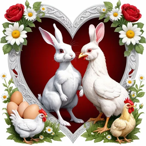 Prompt: a picture of a bunny and a chicken in a heart frame with eggs and flowers around it, with a white background, Anne Stokes, naive art, highly detailed digital art, computer graphics