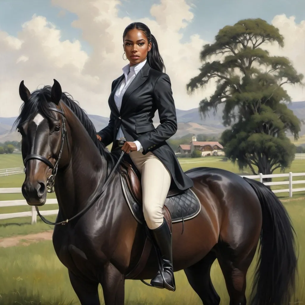 Prompt: 8K 300 DPI oil painting, realistic style. A full-length portrait of a confident African American woman with long, black hair styled in a high ponytail. She's dressed in a fitted black riding jacket and jodhpurs, holding a riding crop in one hand. Her other hand rests on the back of a magnificent black stallion with a flowing mane and tail. The background depicts a vast green horse ranch with rolling hills and a grand estate in the distance.
