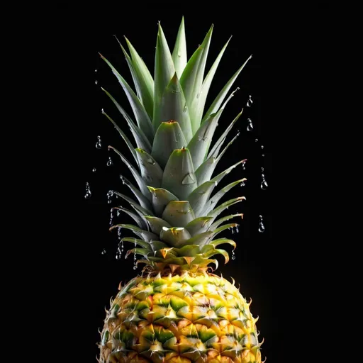 Prompt: Translucent half pineapple, super imposed, back lightning, water drops on the fruit, studio lightning,gradient black background , ultra HD 64k resolution hyperrealism --s 500