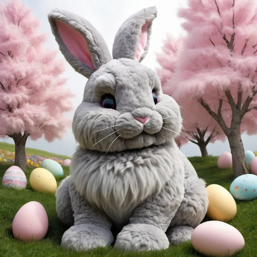Prompt: large grey fluffy Easter bunny sits in contemplation, its soft plush fur enveloping it like a cozy cloud. Its pink nose twitches as it ponders the mysteries of springtime and the joy of hidden eggs. Perhaps it wonders about the children who will soon seek out those colorful treasures, their laughter echoing through sun-dappled gardens- bing