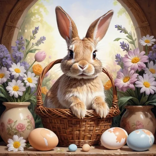 Prompt: a painting of a bunny with a basket of eggs in front of it and flowers around it, with a floral border, Drew Struzan, furry art, cute and funny, computer graphics