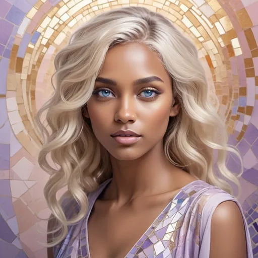 Prompt: a captivating 3D depiction of a stunning blue eyes, gold brown skin woman with platinum blonde wavy hair cascading around her shoulders, adorned in elegant light violet garments, set against a soft pastel backdrop with an ink sketch overlay and mosaic detailing. Emphasize the contrast between light and shadow to create a dynamic and visually compelling composition