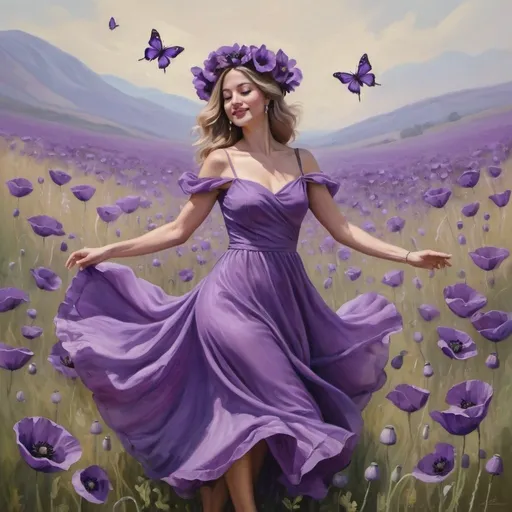 Prompt:  an oil painting of a lady in Purple dancing in a dress made of purple poppies with a purple poppy flower crown and purple butterflies