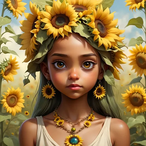 Prompt: Create a beautiful little girl with sunflowers on her head and a necklace on her neck and a necklace on her head, Dulah Marie Evans, fantasy art, anime art, a photorealistic painting