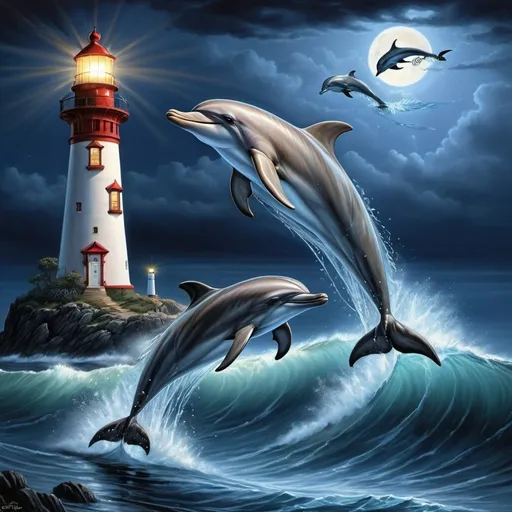 Prompt: two dolphins jumping out of the water near a lighthouse with a light house in the background at night time, Anne Stokes, fantasy art, wallpaper, an oil painting