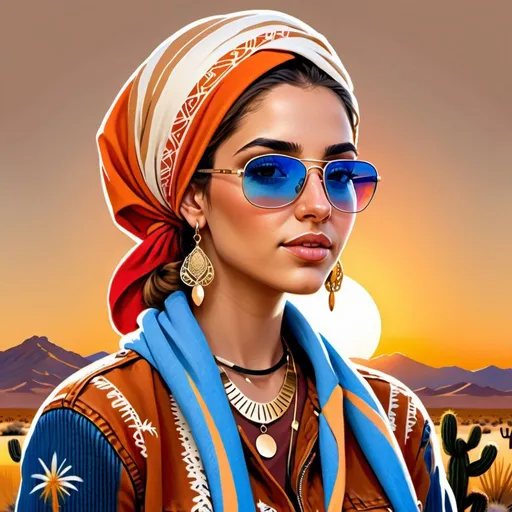 Prompt: Create a digital airbrush illustration with a warm, sunset palette. Depict a Middle Eastern woman with a traditional headscarf tied securely. Delicate gold earrings and a layered necklace with intricate patterns adorn her. She has a confident expression and exudes a touch of western flair in a denim jacket paired with high-waisted jeans and sleek cowboy boots. Stylish aviator sunglasses rest on her head. Position her against a backdrop of a sprawling desert landscape at sunset. Include details like rolling sand dunes painted in hues of orange and red, a lone cactus silhouetted against the sky, and a distant herd of horses silhouetted on the horizon.
