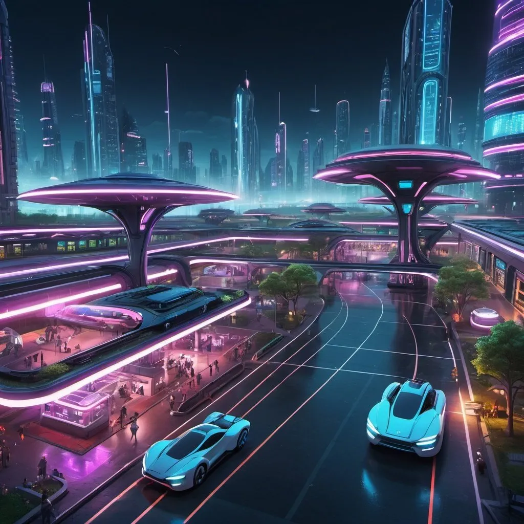 Prompt: Futuristic city with flying cars, a park, a night scene with neon lights, and a train station