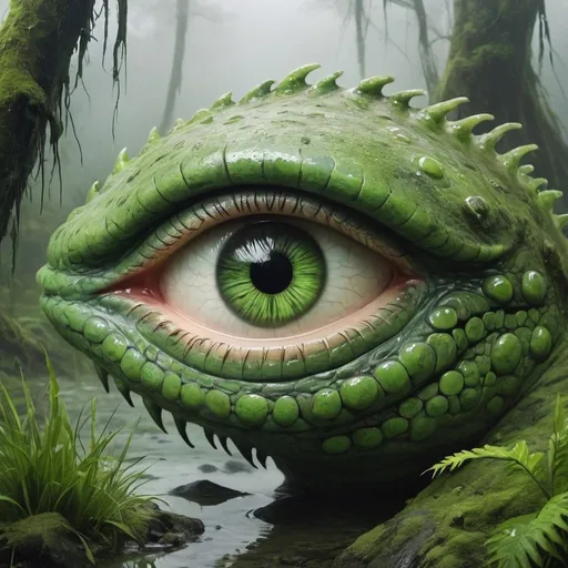 Prompt: Prompt: Taniwha Slimy greenstone eyes. Misty swamp background