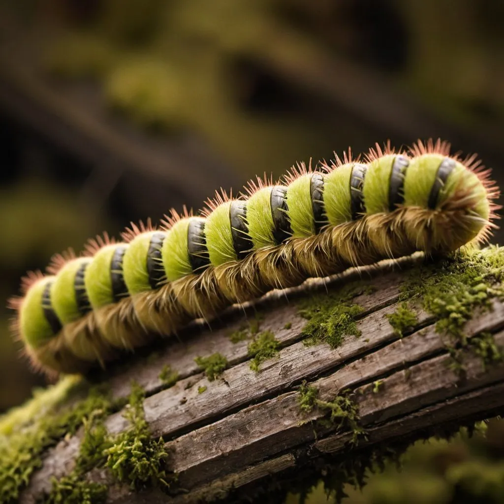 Prompt: prompt;
High resolution close-up photo, Puss caterpillar caterpillar on dry, mossy wood, taken with Canon EF 100mm f/2.8L Macro IS USM Lens, illuminated by daylight - national geography style,Make it look like a vintage photograph.
