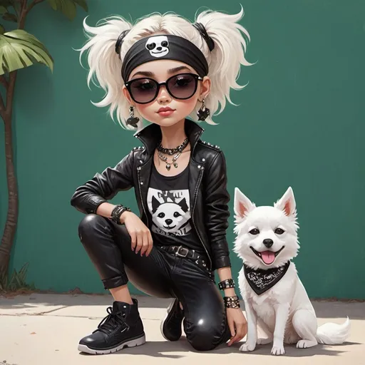 Prompt: This image depicts an illustrated character, a young girl with a distinctively edgy and fashionable style. She's wearing large, embellished sunglasses, a black outfit with what appears to be leather and studs, and a bandana tied on her head. Her pose is playful and sassy, with one leg raised and her chin resting on her hand. Beside her is a fluffy white dog, which adds a cute and soft contrast to her bold style. The background suggests a lush, green outdoor setting, enhancing the overall whimsical and stylish theme of the artwork. This piece blends elements of fashion, attitude, and a touch of nature, creating a visually striking image.