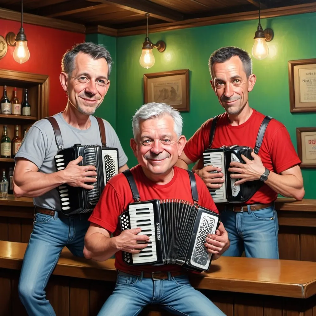 Prompt: Whimsical caricature art, one man with brown short hair in red T-shirt with the inscription "STOP BAND" are holding and playing an accordion, two men with very short, silver hair in red T-shirt with the inscription "STOP BAND" standing behind him,one of two  man squats on the top of the bar.All three have big ears and noses, wearing jeans and posing for a picture together in a room with a bar and a green light behind them,HDR,300DPI, a character portrait, style of the Richard avedon,8k resolution