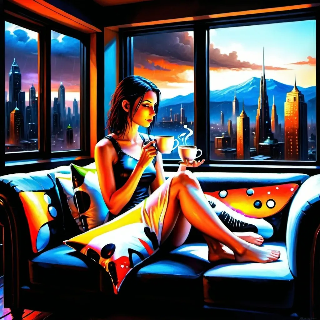 Prompt: a painting of a woman sitting on a couch with a cat and a cup of coffee in front of a window, Anne Stokes, computer art, highly detailed digital painting, cyberpunk art, it's a rainy day outside the window, the dog it's a robotic companion, the woman's clothing it's futuristic,the window view to a futuristic cityscape, with neon signs outside the window