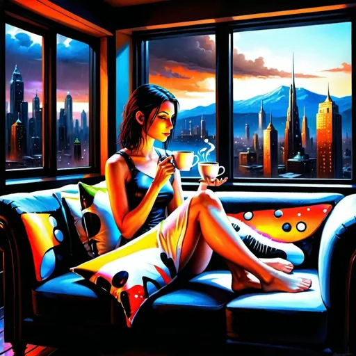 Prompt: a painting of a woman sitting on a couch with a cat and a cup of coffee in front of a window, Anne Stokes, computer art, highly detailed digital painting, cyberpunk art, it's a rainy day outside the window, the dog it's a robotic companion, the woman's clothing it's futuristic,the window view to a futuristic cityscape, with neon signs outside the window