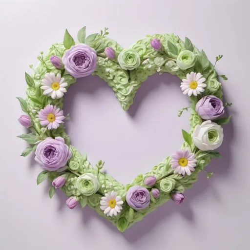 Prompt: Prompt:

oil painting, spring pastels, pale purple and pale green, in the center is a flower wreath in the shape of a big heart, all white background 3D HD