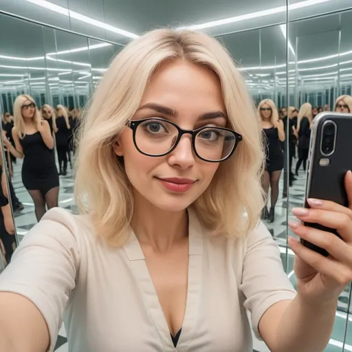 Prompt: Whimsical caricature a woman with blonde hair and glasses taking a selfie in a mirror room  Ayshia Taşkın, dada, blonde hair, a picture