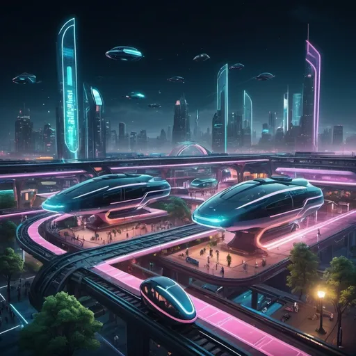 Prompt: Futuristic city with flying cars, a park, a night scene with neon lights, and a train station