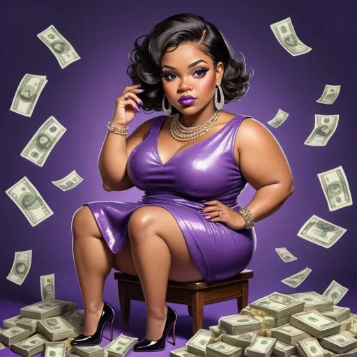 Prompt: Whimsical caricature of a chubby light brown skin European woman, flawless makeup,almond shaped eyes,classic volume eyelashes,black intricate short stylish hair, manicured sassy nails with colorful gems.wearing a purple sleeveless party dress,diamond high heels, gold Chanel jewelry, shes on her knees counting a stack of money, money in hands, urban pose.ombré glitter explosions in the background,tattoos on arms,graphic t-shirt design
