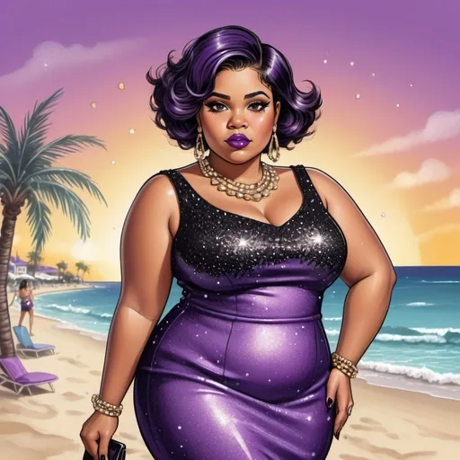 Prompt: Whimsical caricature of a chubby light brown skin European woman, flawless makeup,almond shaped eyes,classic volume eyelashes,black intricate short stylish hair, manicured sassy nails with colorful gems.wearing a purple sleeveless party dress,diamond high heels, gold Chanel jewelry, shes on the beach party,urban pose.ombré glitter explosions in the background,tattoos on arms,graphic t-shirt design