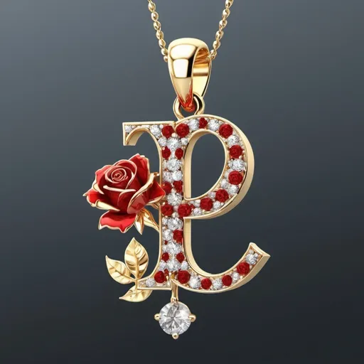 Prompt: Create a gold pendant from the initial "E" in the initial "E" are sprinkled with small diamonds, interlaced with it is a golden rose with a red diamond instead of a flower, the initial is clearly visible, 3D, 48K