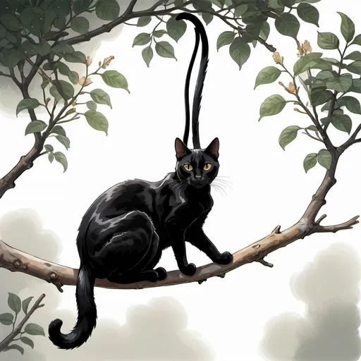 Prompt: A black cat with a neck featuring two large, very loosely hanging smooth ballocks with androgenic hairs, sitting on a branch. high quality