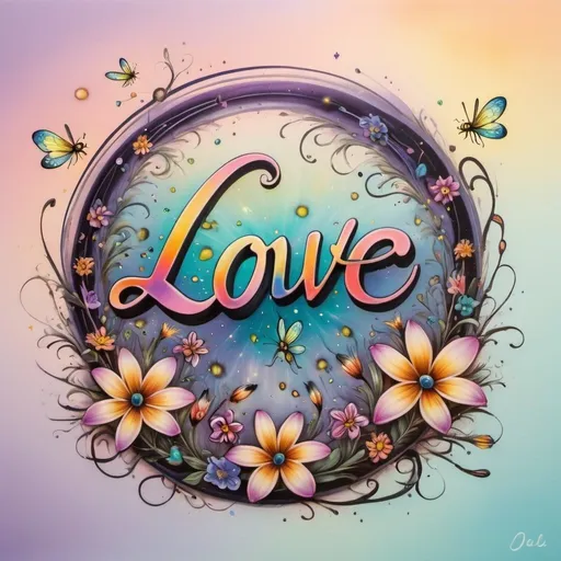 Prompt: Prompt:

Whimsical, airbrush oil ink. Against a pastel colors background, there are a few very colorful fireflies. In the center, there is a Infiniti image surrounded by colorful floral designs. The text “LOVE” in a beautiful celestial font is displayed upon the Infiniti image,
3D,HD.