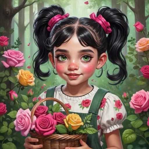 Prompt: A hyperrealistic illustration of a child with playful black pigtails, bright floral accessories, casual and colorful clothing, amidst vibrant roses, with a whimsical forest background, holding a small basket of magical herbs. Include splashes of paint around the canvas, big green eyes with long lashes, thin eyebrows, and a rosy cheek.