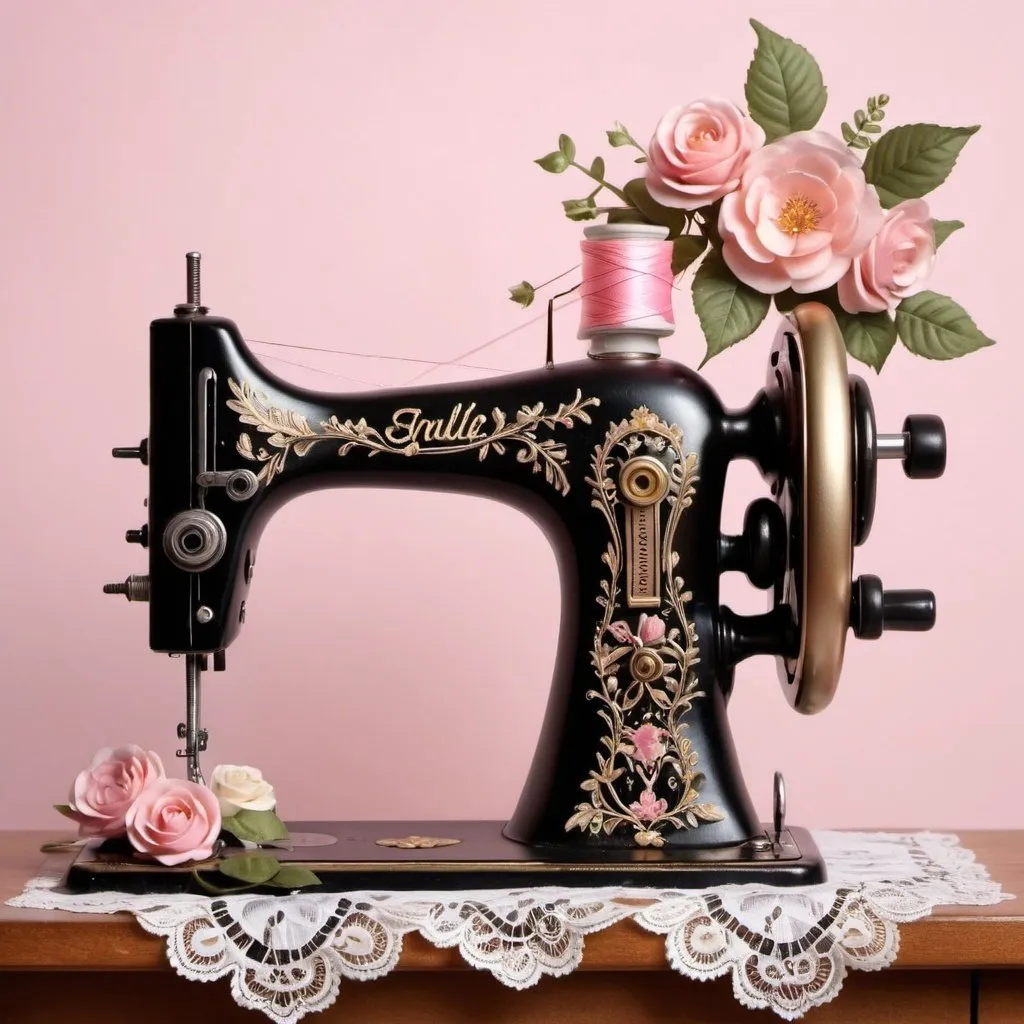 Prompt: Prompt:
Create a 3d image contains a vintage sewing machine with black and gold accents. The machine is decorated with flowers and vines, and a spool of thread is on the needle. The machine is sitting on a table with two pairs of scissors and a tape measure on the table. The background is a pink gradient, and the image has a soft, romantic feel to it and the name ERIKA , spelling correctly over the sewing machine and with some lace details to the sewing machine.