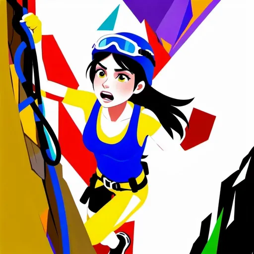 Prompt: A hyperrealistic 8K image of a beautiful woman whit long straight black hair and grey eyes, rock climbing, with well-defined and tense muscles, showing tension in her facial expression with gritted teeth as she climbs, equipped with safety gear, and making their way up a steep cliff. The climber should be wearing a purple helmet and harness, dressed in yellow and purple clothing, and holding onto a grey rocky surface. Include a red safety rope attached to the climber’s harness against a vibrant and dramatic sunset background to highlight the climber. Add tiny details like sweat on the climber's forehead, and show the strain in their neck and jaw muscles. Include silhouettes of distant mountains or trees with some birds flying near them, a small waterfall in the distance, and a few birds flying near the waterfall.