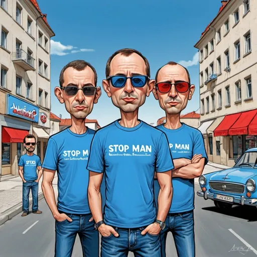 Prompt: Whimsical caricature art of three men with very short hair in blue shirts.The t-shirts have the inscription "STOP BAND". One man have sunglasses with red lenses. All three standing in front of a street with cars and buildings in the background. Avgust Černigoj, les automatistes, zabrocki,HDR,300DPI 