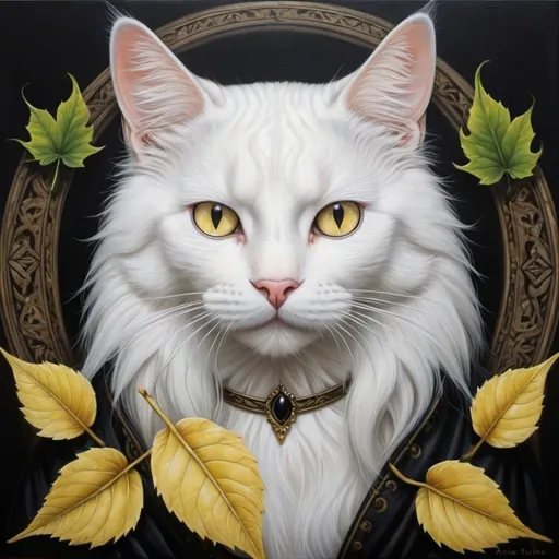 Prompt: a painting of a cat with a white face and yellow eyes and a black tail with a leaf on it, Anne Stokes, gothic art, symmetrical eyes, a photorealistic painting
