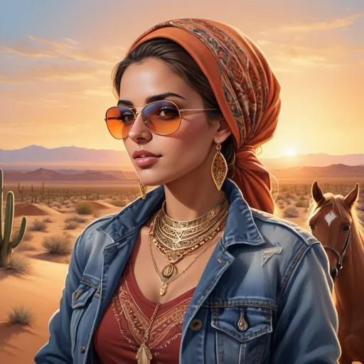 Prompt: Create a digital airbrush illustration with a warm, sunset palette. Depict a Middle Eastern woman with a traditional headscarf tied securely. Delicate gold earrings and a layered necklace with intricate patterns adorn her. She has a confident expression and exudes a touch of western flair in a denim jacket paired with high-waisted jeans and sleek cowboy boots. Stylish aviator sunglasses rest on her head. Position her against a backdrop of a sprawling desert landscape at sunset. Include details like rolling sand dunes painted in hues of orange and red, a lone cactus silhouetted against the sky, and a distant herd of horses silhouetted on the horizon.
