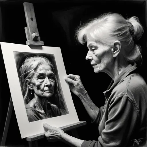 Prompt: Prompt: A mesmerizing charcoal sketch captures a dreamy and fantastical scene, where an elderly woman holds a photograph of her youth that covers half of her face. The contrast between her youthful and aged appearance highlights the passage of time, aging, and the power of memory. The dark fantasy atmosphere blends realism and surrealism, reflecting the journey of life while paying homage to artists like Rolf Armstrong, Frank Frazetta, Jeremy Mann, Carne Griffiths, and Robert