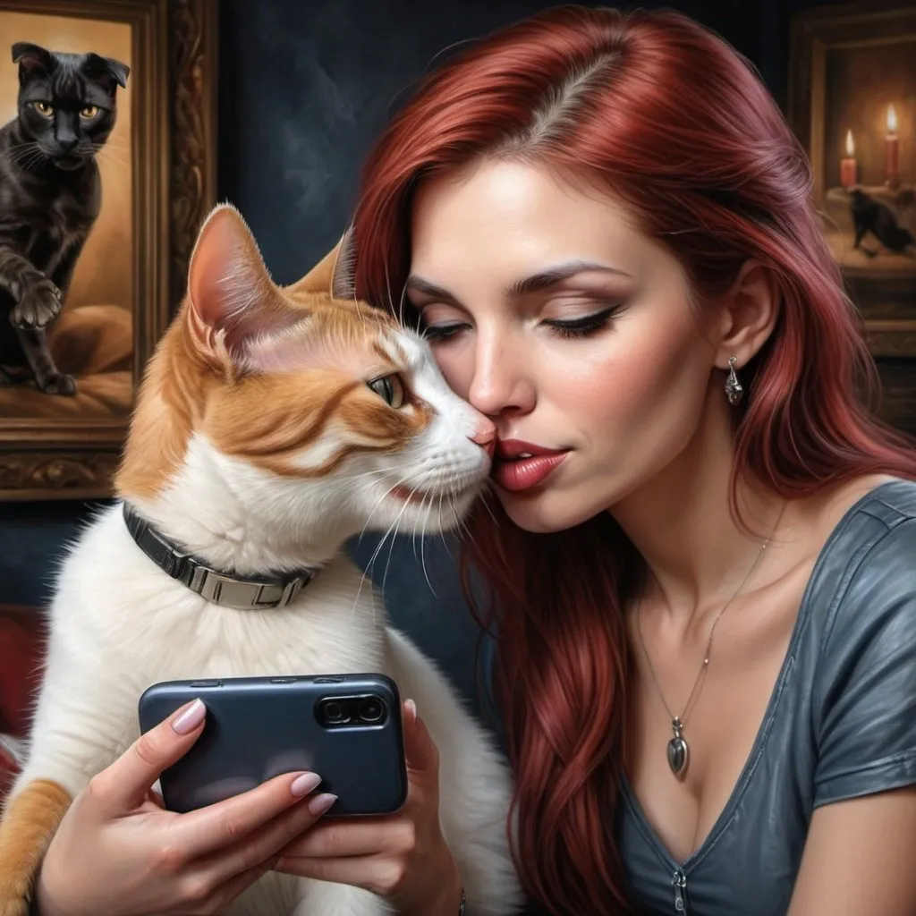 Prompt: a woman taking a selfie of a dog and cat with a cell phone in her hand and a cat on the other side of the picture, making a kiss with her lips ,Anne Stokes, fantastic realism, highly detailed digital painting, a photorealistic painting