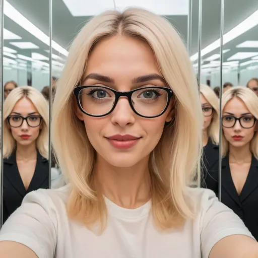 Prompt: Whimsical caricature a woman with blonde hair and glasses taking a selfie in a mirror room  Ayshia Taşkın, dada, blonde hair, a picture