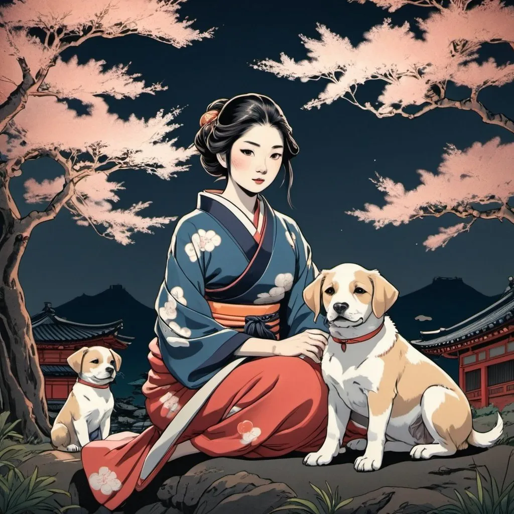 Prompt: Create a ukiyo-e image of a beautiful young girl sitting under a tree with a beautiful puppies studio lightning , neon avatar